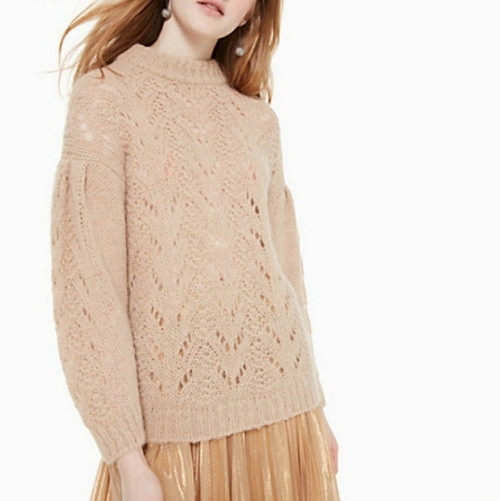 Kate Spade NY Tan Beige Pointelle Knit Alpaca Wool Blend Mock Neck Sweater Med